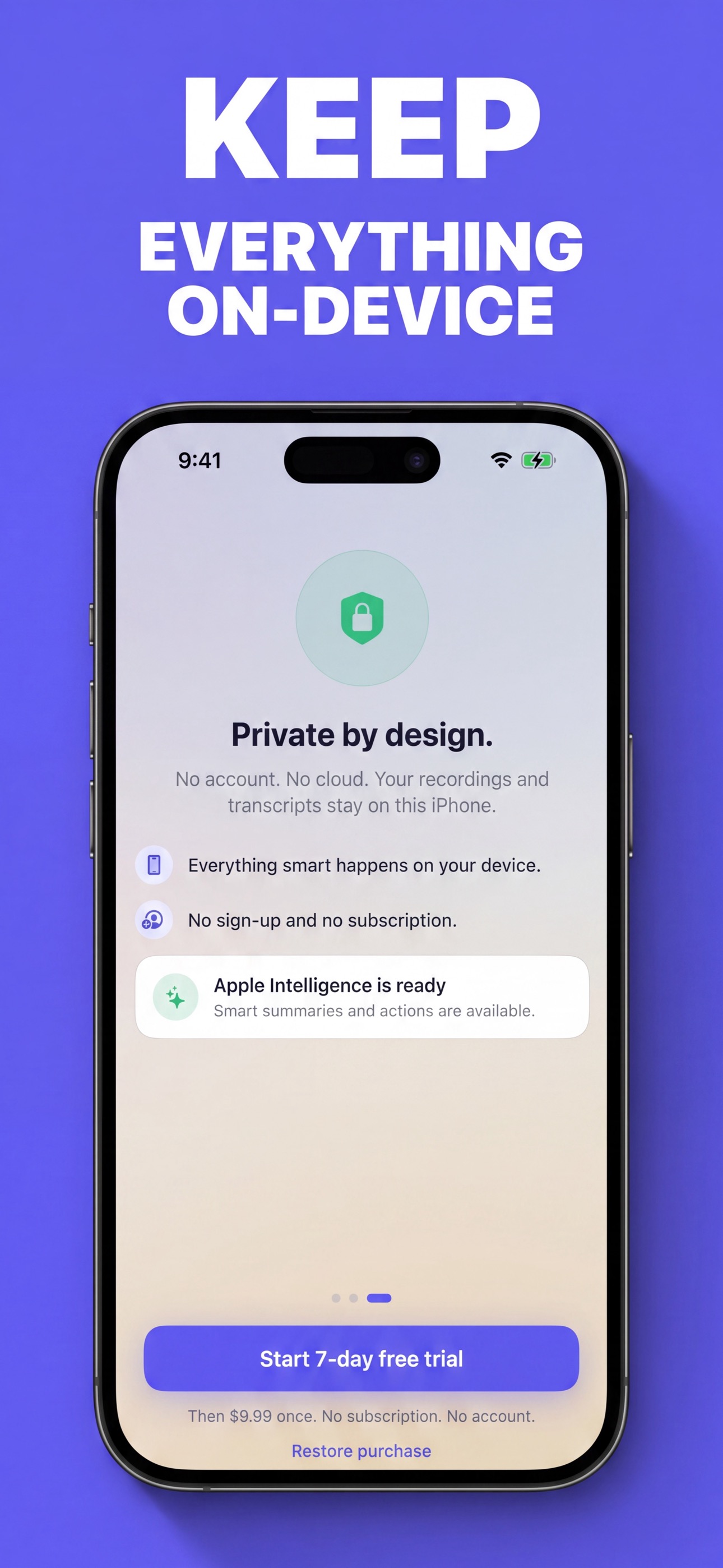 Doneward screenshot showing on-device privacy